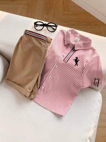 SHEIN Leap Crew 2pcs/Set Casual Collegiate Striped Turndown Collar Short Sleeve Shirt & Khaki Woven Shorts,Summer,Career Day,Back-To-School Sports Outfits For Boys - Red and White - View 6