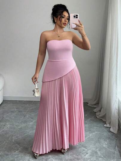 SHEIN PETITE Plus Size Women's Solid Color Pleated Waist Sleeveless Dress, Elegant For Vacation And Commute