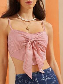 WESTFADE Áo crop top sọc ngang cổ chữ V họa tiết cowgirl miền Tây mùa hè đi biển - Đỏ và trắng - Xem 2