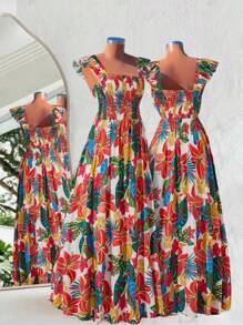 SHEIN LUNE Große Größen Damen gewebtes allover bedrucktes Taillen Urlaubs Sommer Hawaii Kleid