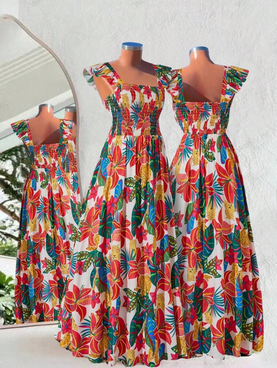 SHEIN LUNE Große Größen Damen gewebtes allover bedrucktes Taillen Urlaubs Sommer Hawaii Kleid