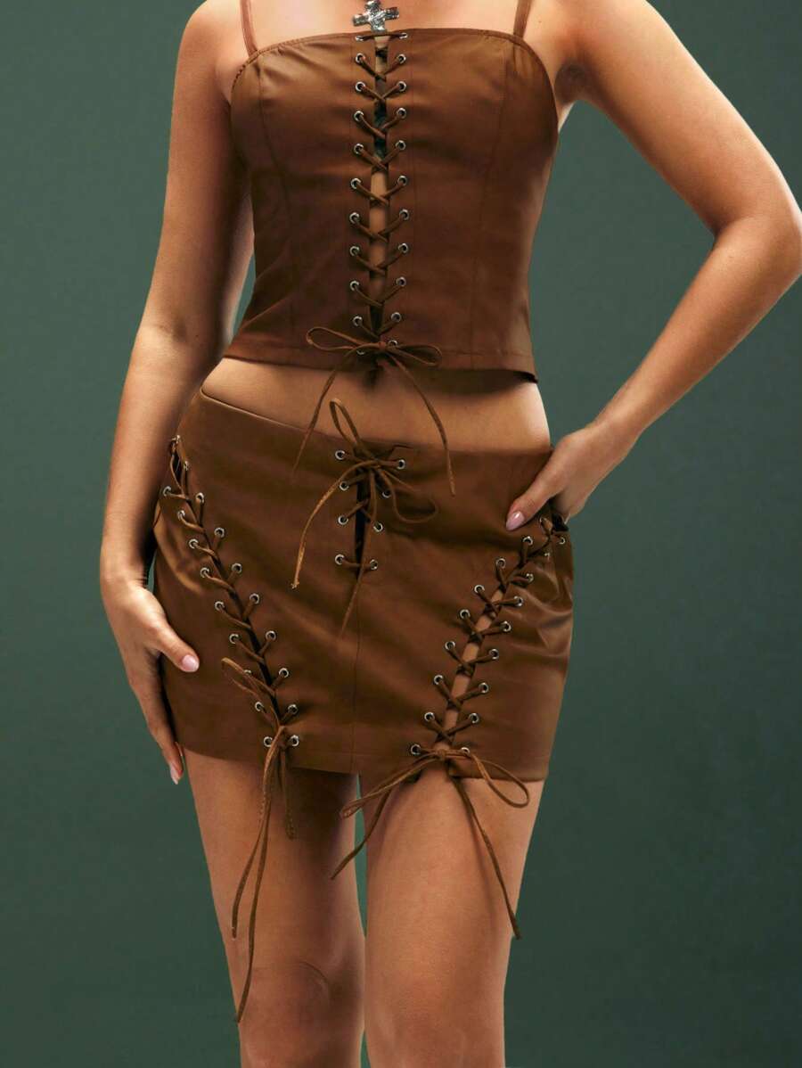 Denimoi Washed Faux Leather Lace Up Mini Skirt Country Music Festival Western Summer Style - Brown - View 1