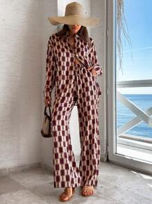RueChic Geometrical Printed Long Sleeve Shirt And Pants Ladies 2 Pieces Set, Shirts And Pants Printing Modest Set, Elegant - Multicolor - View 4