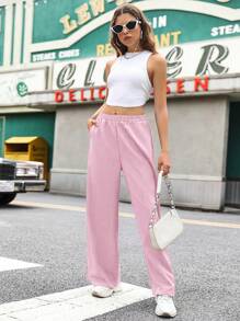 SHEIN Unity Women's Solid Color Minimalist Fashion Wide Leg Pants, Suitable For Summer - Baby Pink - View 6