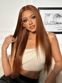 Peluca con encaje frontal de cabello humano virgen, color marrón medio transparente y color marrón rojizo, tamaño largo de 13 x 4 pulgadas, línea del cabello previamente decolorada, densidad de 180%, con pelo de bebé