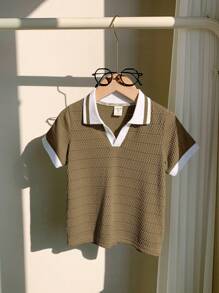 Young Boy Sporty & Casual Color Block Short Sleeve Polo Shirt With Decorative Details,Suitable For Commuting, School, Daily Leisure, Vacation, Travel, Suitable For Sports, Suitable For Kids', Young Boy, School Boys, Boys, Family Matching, Birthday Party, Suitable For Daily, Suitable For School, Suitable For Sports, Spring And Summer Season. - Khaki - View 4