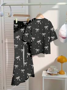SHEIN 优雅甜美波尔卡圆点蝴蝶结印花，黑色，年轻女孩休闲卡通图案圆领短袖上衣和喇叭裤两件套，适合夏季 - 彩色 - 查看 3