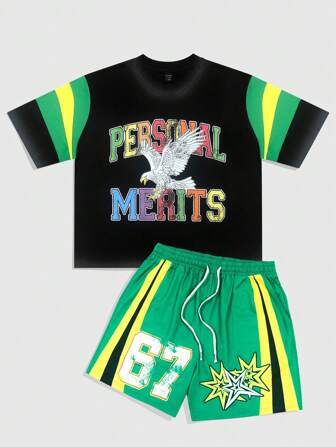 Street Life Conjunto de camiseta y pantalones cortos para hombre con estampado de letras y combinación de colores de contraste