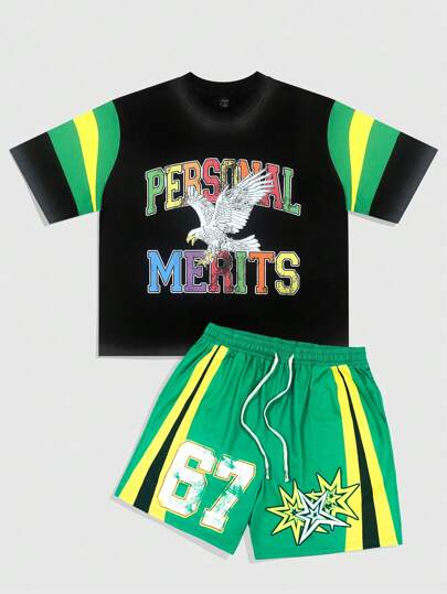 Street Life طقم تي شيرت وشورت للرجال، مطبوع بطريقة التصميم المركب وألوان متباينة