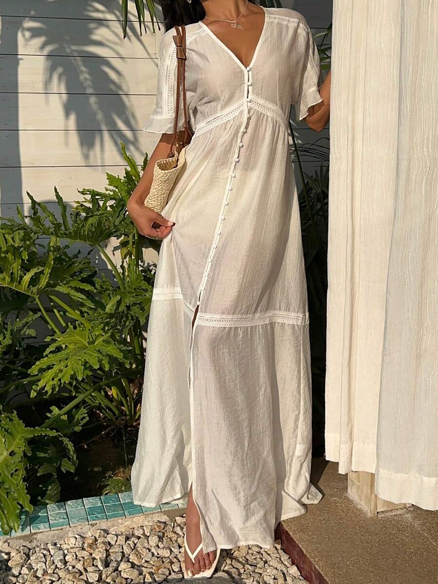 Sunnyshic Damen Kleid mit tiefem V-Ausschnitt und Spitzen-Patchwork, geeignet für den Urlaub - Weiss - Übersicht 1
