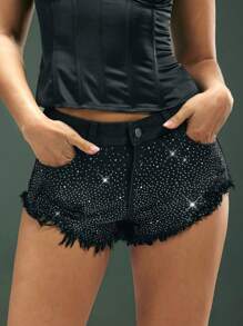 Denimoi 女士水钻装饰口袋毛边下摆时尚牛仔短裤 - 黑色 - 查看 4