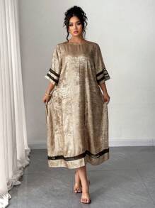 SHEIN Clasi Plus Size Women Metallic Solid Color Loose Mesh Splice Round Neck Short Sleeve Casual Long Dress
