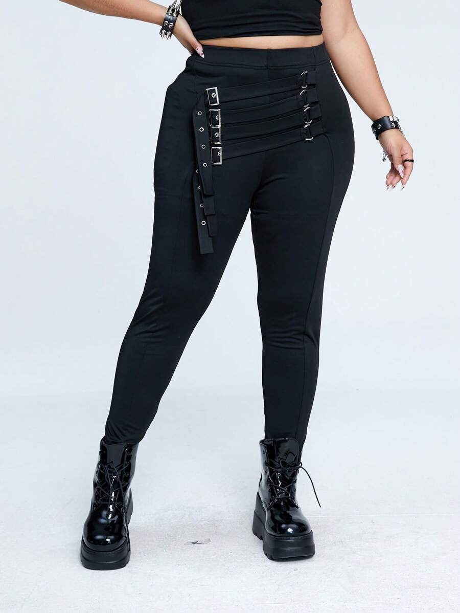 Flirla 大码女式高腰弹力朋克金属装饰紧身裤 - 黑色 - 查看 1