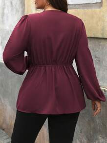 Vionelle Plus Size Women's French Elegant Commuter Casual Vacation V-Neck Lantern Sleeve Gathered Waist Twist Ruffle Hem Decorative Long Sleeve Blouse, Spring/Autumn/Winter Peplum Top Fall Cloth For Women