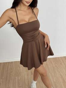 Flirla Coffee Brown Backless Cross Strap Ruched Ruched A-Line Mini Dress, Fashionable, Casual, Elegant, Sexy, Suitable For Parties, Dates, Everyday Wear, Spring/Summer - Coffee Brown - View 5