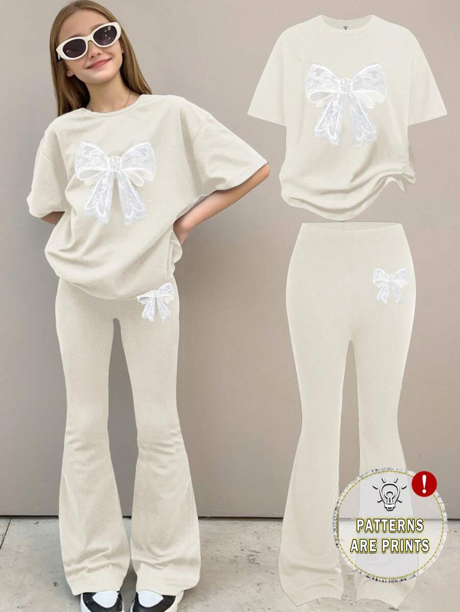 SHEIN Leap Crew 青少年女孩休闲简约短袖上衣和长裤两件套服装,适合夏季 - 米色 - 查看 1