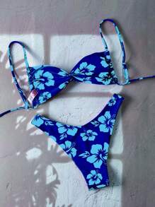 Swim Mod 女士夏季休闲花朵随机印花细肩带扭结前性感比基尼套装 - 彩色 - 查看 2