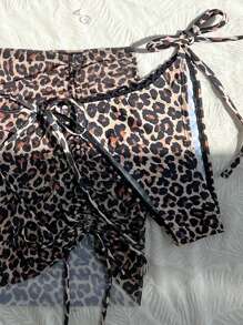SHEIN New Leopard Print Spaghetti Strap Swimwear Set With Black Lace Bowknot Detail, High Cut Side Tie Thong, Elegant Mesh Leopard Print Drawstring 3pcs Beach Resort Women Bikini Swimwear Set - Multicolor - View 5