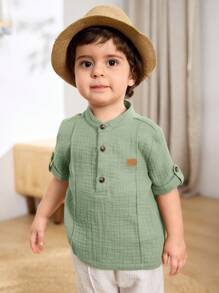 Cozy Pixies 2pcs Baby Boy Solid Color Stand Collar Short Sleeve Half-Zip Top With Decorative Stitching, Elastic Waist Pants, Summer Casual Set