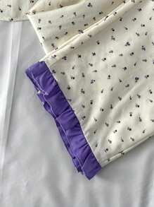 SHEIN Teens Girls Minimal Ditsy Floral Collar Button Short Sleeve Top & Color Block Ruffle Hem Long Pants 2 Pieces Pajama Set, Graduation Pajamas - Purple - View 3