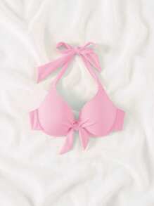 Bonvoyette 2026 Spring/Summer Push-Up Special Fabric Bow Tie Halter Neck Pink Gathering Sweet Women Bikini Swimwear Top - Pink - View 4