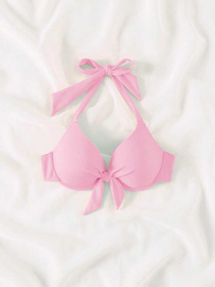 Bonvoyette Top de bikini rosa lindo con cuello de halter acolchado y lazo, Primavera/Verano 2026 - Rosa - Ver 5