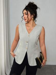 Elenzga 大码女式法式常规纯色无袖亚麻西装外套，夏季 - 淺灰色 - 查看 3