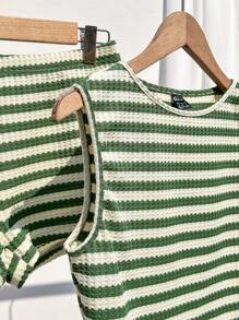 Comfortcana 绿白条纹休闲背心短裤套装，简约时尚，适合夏季 - 綠色 - 查看 4