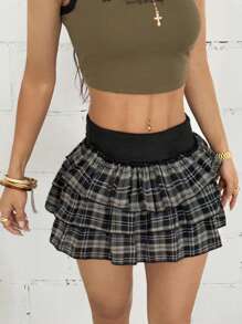 StreetHx Women's Plaid Patchwork Puff Mini Skirt