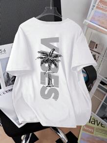 Teen Girls Holiday Palm Tree Letter Print Short Sleeve Casual T-Shirt - White - View 2