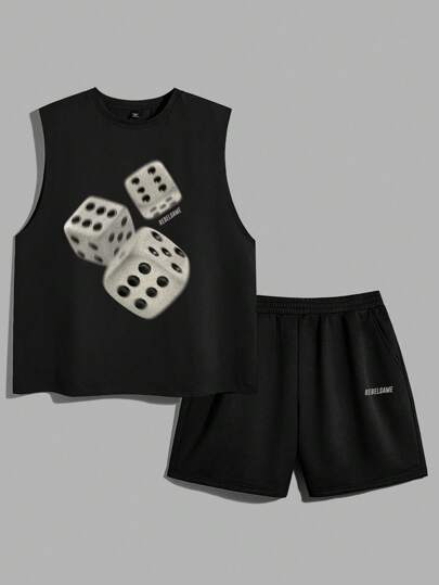 Manfinity RebelGame Bộ áo ba lỗ và quần short in họa tiết xúc xắc màu đen cỡ lớn cho nam