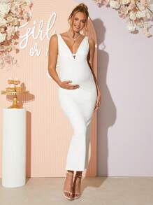 Loomaby Pregnant Women Solid Color Deep V Slim Fit Elegant Sleeveless Dress Maternity Dress