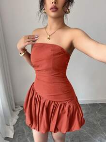 SHEIN Unity Women Ruched Asymmetrical Bubble Hem Tube Dress, Spring/Summer - Rust Brown - View 6