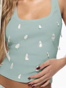 MISSGUIDED Crystal Embellished Ribbed Tank Top Scoop Neck Summer Cami Festival Party Clubbing Sparkly Gem Detail Y2K Fashion Top - Blue - View 4