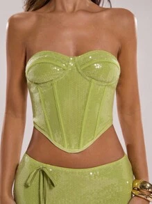 SHEIN BAE Parte superior de bandeau corta con dobladillo asimétrico con lentejuelas, sexy - Verde - Ver 3