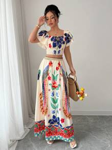 Elenzga Conjunto elegante y de moda para mujer con estampado floral, línea A, cuello cuadrado y volantes en la cintura, ideal para ir al trabajo, vacaciones, playa o fiestas - Multicolor - Ver 4