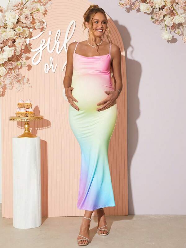 Loomaby Pregnant Women Elegant Party Ombre Mermaid Cami Dress Maternity Dress