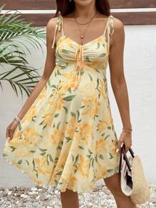 SHEIN Maternity Floral Print Tie Front Camisole Vacation Dress - Yellow - View 5