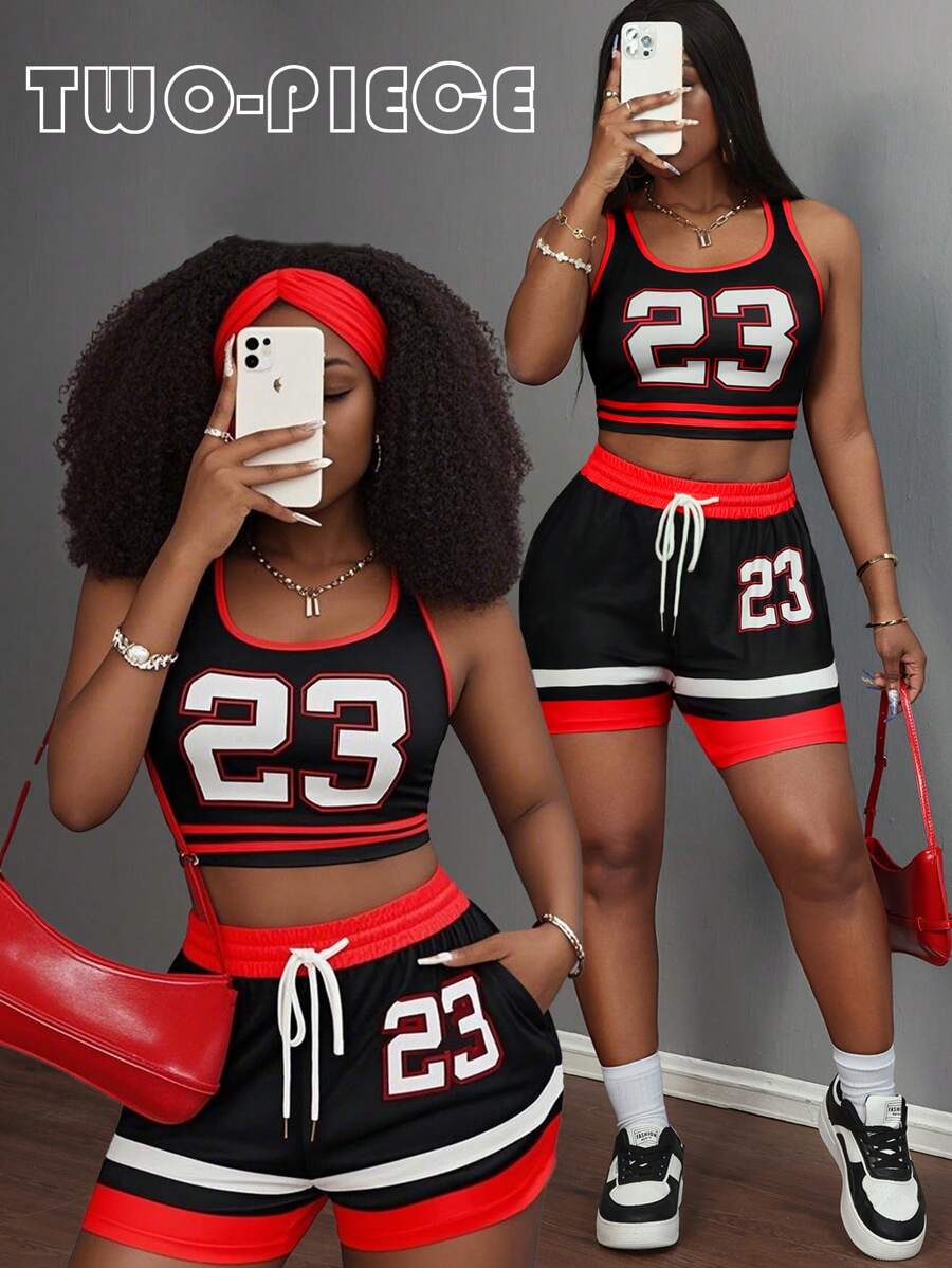 Slaydiva Bộ 2 món Áo ba lỗ họa tiết cổ tròn thường ngày cho nữ số 23 kèm quần short rút dây, trang phục mùa hè