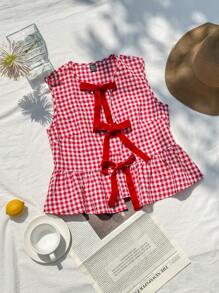 Comfortcana 女款红色和白色格子编织无袖衬衫，正面带结 - 紅色 - 查看 3