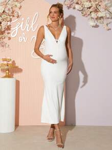 Loomaby Pregnant Women Solid Color Deep V Slim Fit Elegant Sleeveless Dress Maternity Dress