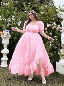 Flirla Plus Size Square Neck Organza Puff Sleeve Ruffle Hem High Slit Dress, Elegant Sweet For Lawn Wedding, Vacation - Pink - View 4