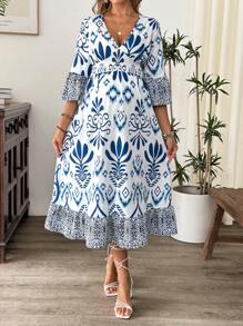 SHEIN Maternity Loose Retro Printed Dress, Comfortable Beach/Casual Vacation Wear - Blue - View 3