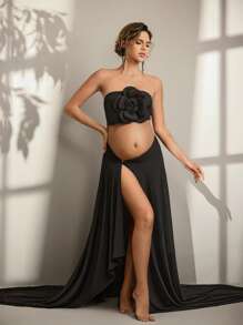 SHEIN Oversized 3D Floral Tube Top & Mermaid Bodycon Skirt Set For Maternity Photoshoot - Black - View 6