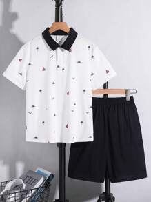 Tween Boy Vacation Casual School Style Short Sleeve Top And Shorts Set - Khaki - View 3