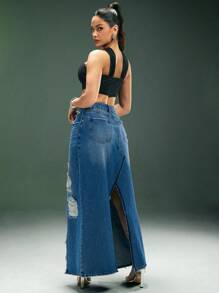 Denimoi 破洞洗水牛仔长裙，前后中心开衩，日常穿着，夏季风格，街头时尚 - 藍色 - 查看 3