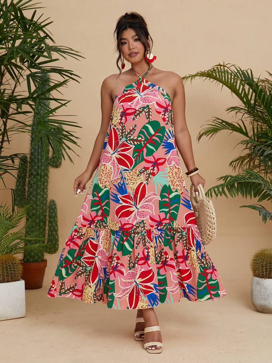 SHEIN LUNE Women's Plus Size Casual Bohemian Tropical Print Backless Halter Dress - Multicolor - View 1