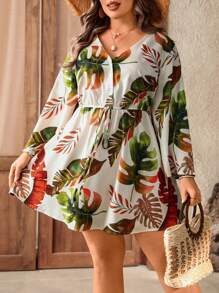 SHEIN Clasi Plus Size Casual Resort Beach V-Neck Ruffle Sleeve Dress - Multicolor - View 5