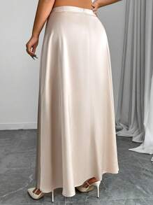 Elenzga Plus Size Elegant Solid Color Long Skirt, Work Appropriate - Apricot - View 2