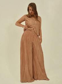 Auralis Plus Size Women's Summer New Style Office Outfits For Women Business Casual Woman Summer Outfits For Women Easter 2 Pieces Sets Woman Vacation Outfits Woman Fashion Casual Commuting Elegant Business Khaki Pleated Fabric Drape Design Point Sleeveless Vest Top And Wide-Leg Trousers 2 Pieces Set, 2 Pieces Suit, Summer Sets 2 Pieces Set Summer Rave Outfits Festival Country Concert Outfit Vacation Two Pieces Set Vest Trousers Suit Set - Khaki - View 6